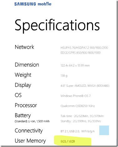 The Samsung Omnia 7 may come with 16 GB of storage after all.