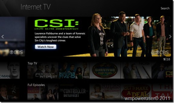 Windows Media Center Internet TV main