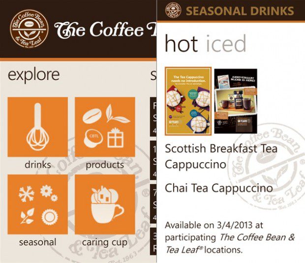 The Coffee Bean Windows Phone app