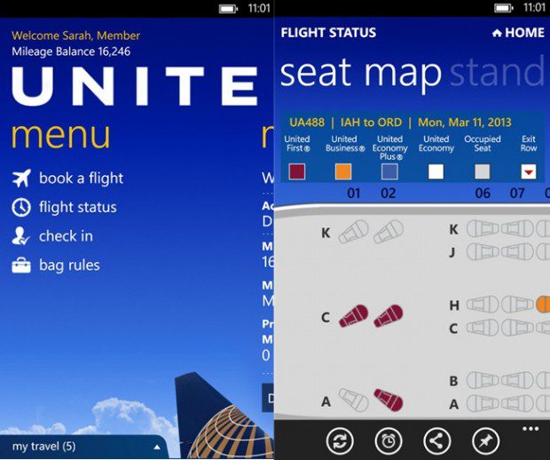 United Airlines Windows Phone app