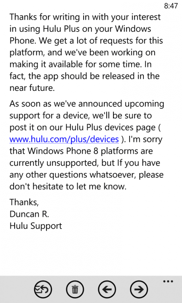 Hulu Windows Phone app
