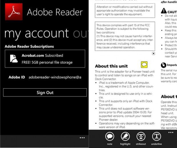 Adobe Reader Windows Phone app