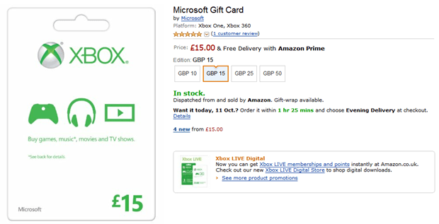 Xbox gift deals card amazon uk