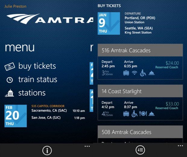 Amtrak Windows Phone app