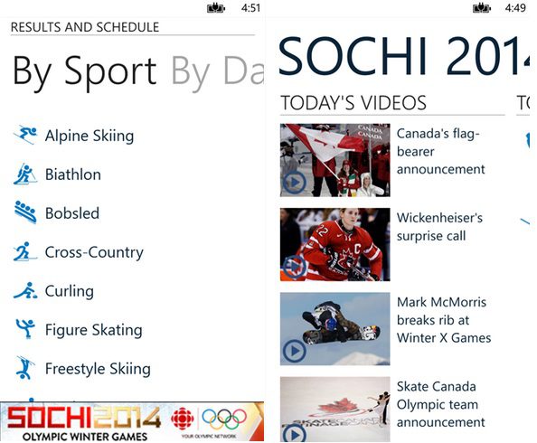 CBC Sochi Olympics Windows Phone app