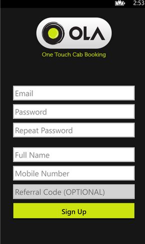 Ola Cabs Windows Phone