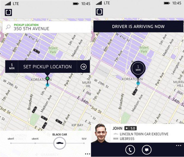 Uber Windows Phone app