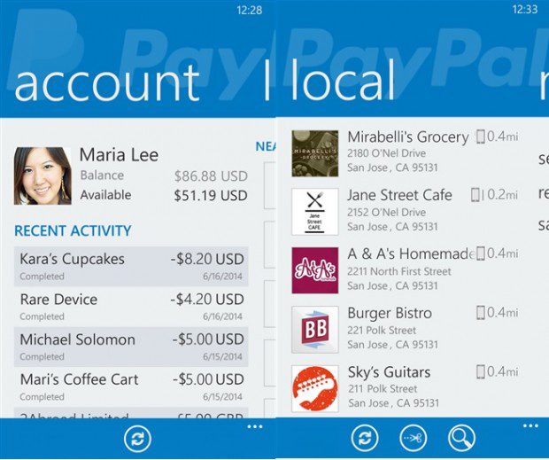 Paypal Windows Phone app