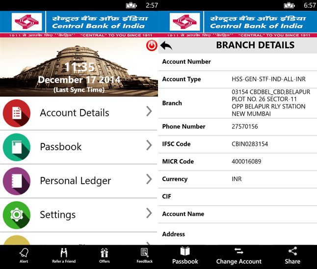 Central Bank of India Windows Phone app