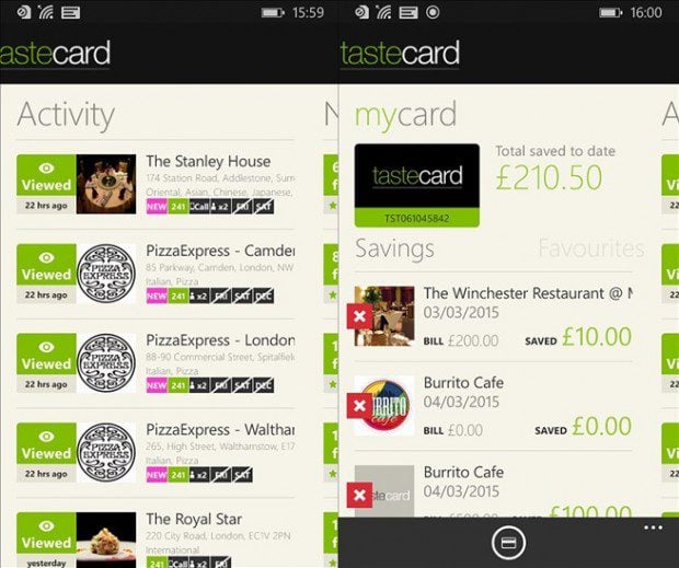 Tastecard Windows Phone app