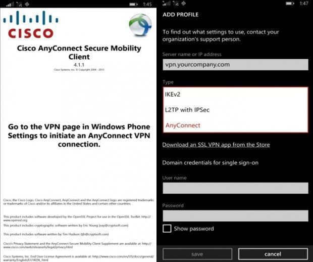 Cisco AnyConnect Windows Phone