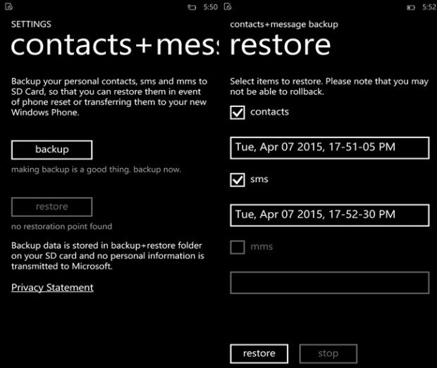 contacts messaging backup Windows Phone