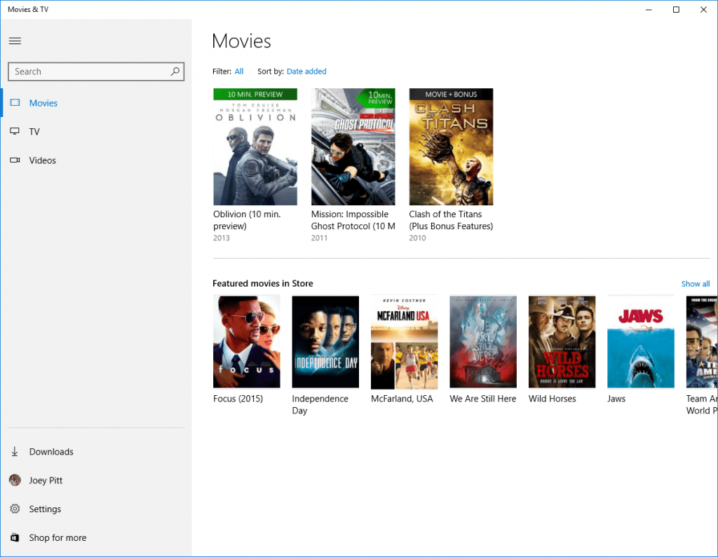 Movies and TV Windows 10