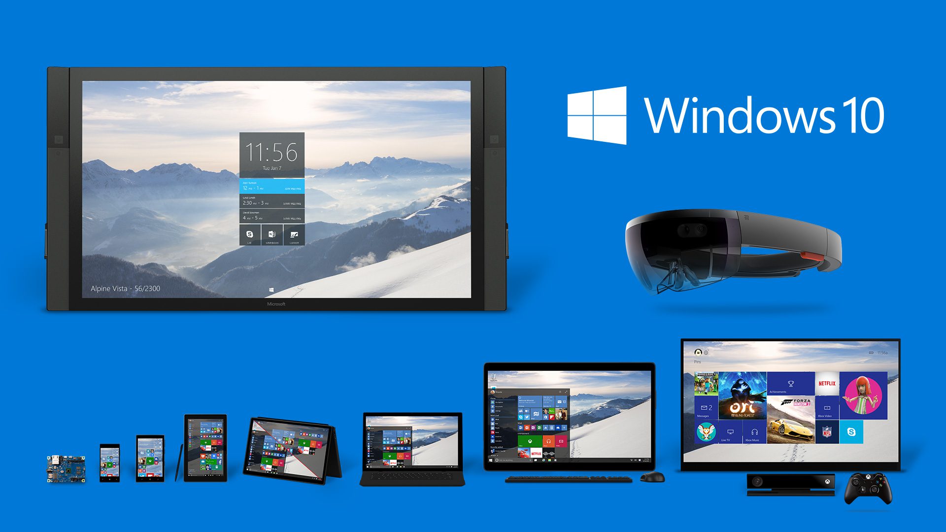 Windows 10 running on Desktop, Laptop, Surface, Phone, HoloLens, Surface Hub