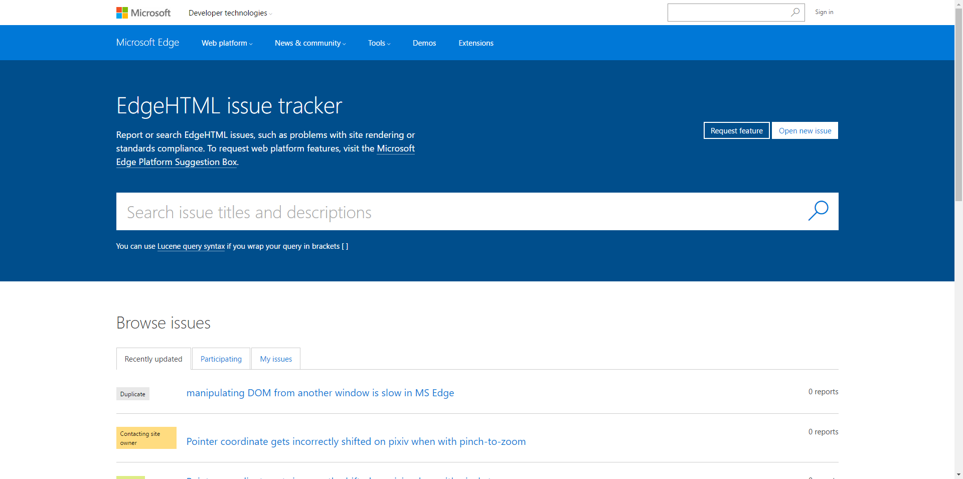 EdgeHTML_issue_tracker_-_Report_or_search_issues,_-1602
