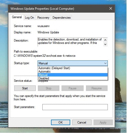 Turn off disable windows 10 update