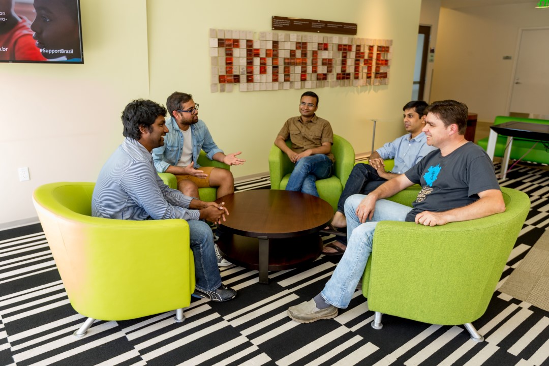 Microsoft Hackathon finalist Team Instafact (left to right)Srivatsava Darurui, Rohit Paravastu, Rajeev Kumar, Deepak Zambre and Silviu Cucerzan at Bellevue Center on August 5, 2016. (Photography by Scott Eklund/Red Box Pictures)