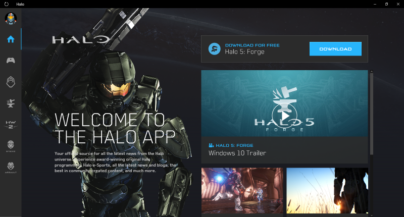 The home screen for the Halo app, which currently shows off everything you need to know about Halo 5: Forge