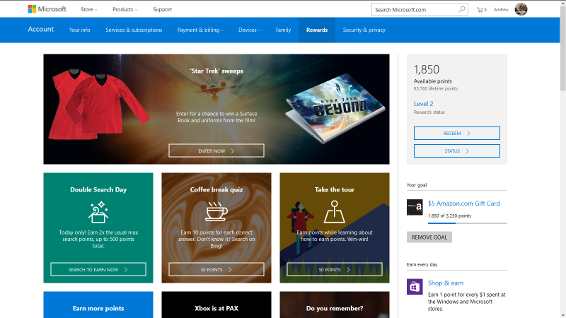 The Microsoft Rewards dashboard