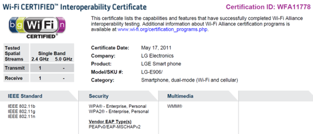 LG E906 gets WIFI certification, runs Mango