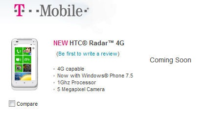 The HTC Radar 4G shows up on T-Mobile USA’s website as coming soon