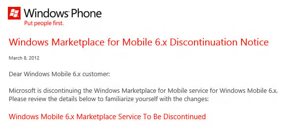 PSA: Windows Mobile 6.x Marketplace will shut down May 9