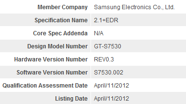 Samsung GT-S7350 Windows Phone handset pops up at Bluetooth.org