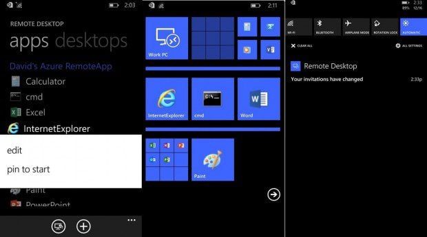 Náhled vzdálené plochy aplikace Windows Phone