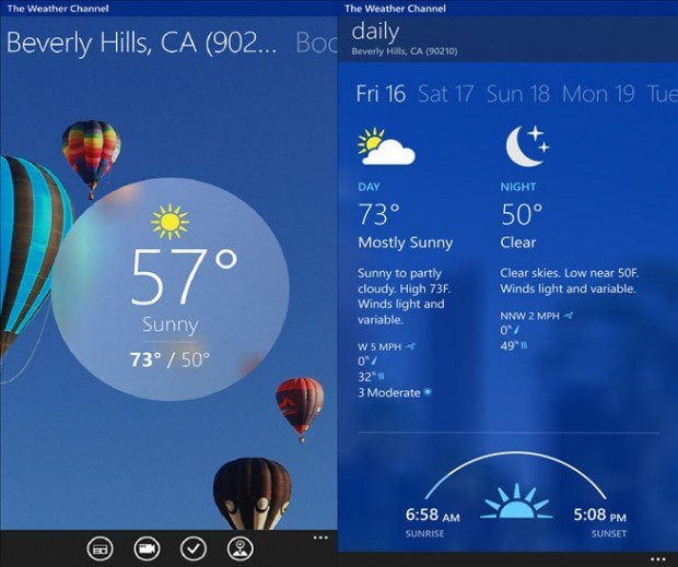 L'app Weather Channel per Windows Phone