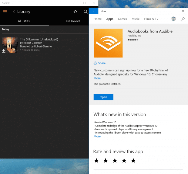 Audible for Windows 10 (mobile and desktop) is now available