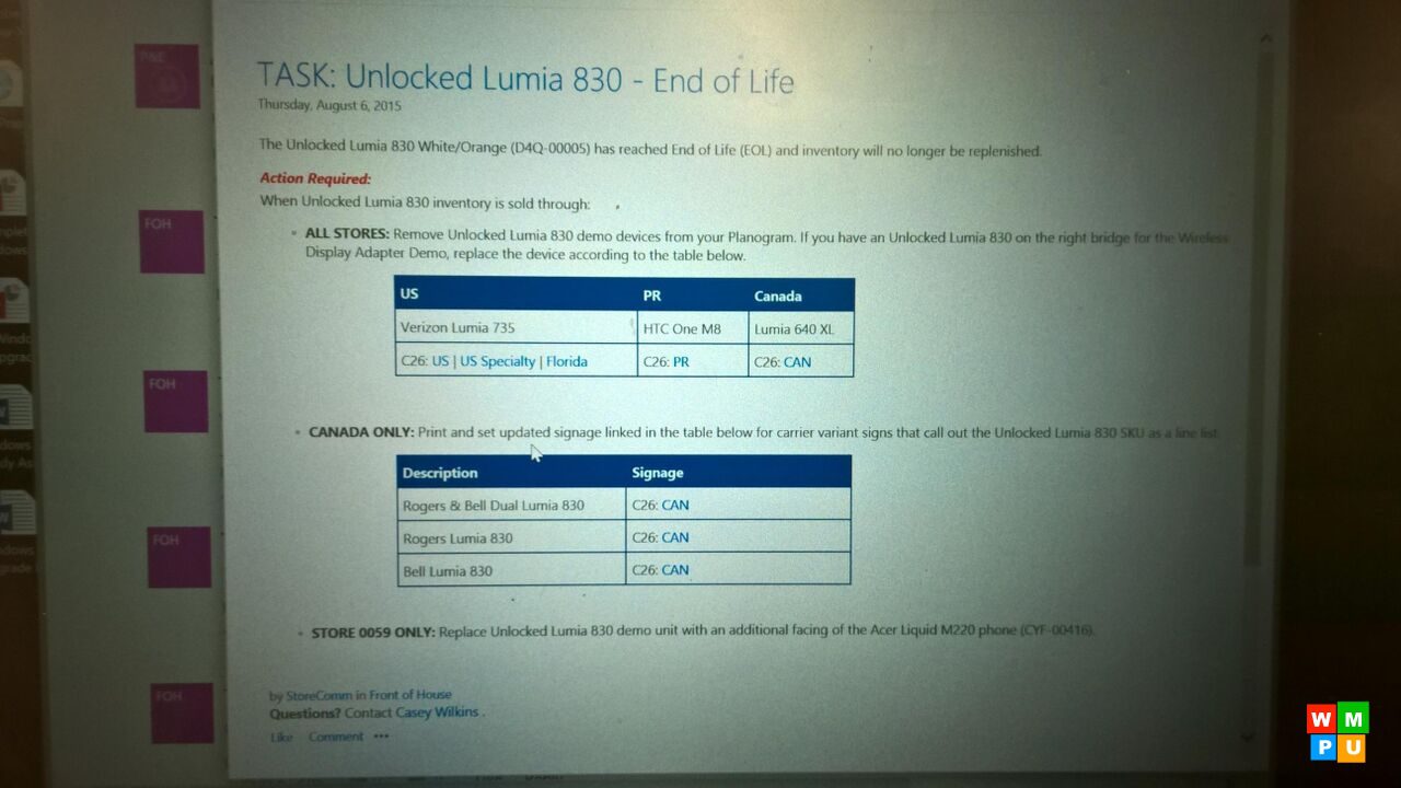 The Lumia 830 (unlocked) has reached the End of Life