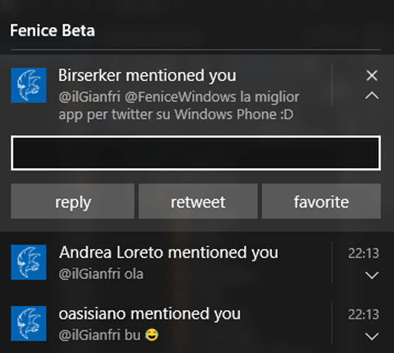 Fenice twitter client working on Windows 10 Actionable Notifications