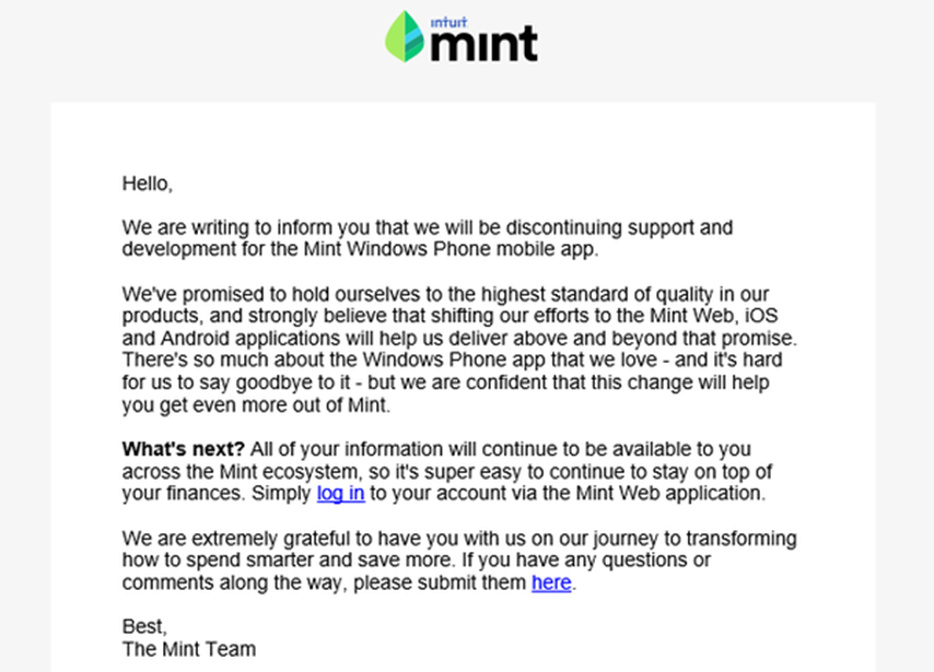 Windows Phone Mint app discontinued