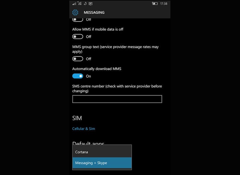 Windows 10 Mobile 的最新内部版本可让您将 Cortana 设置为默认短信应用