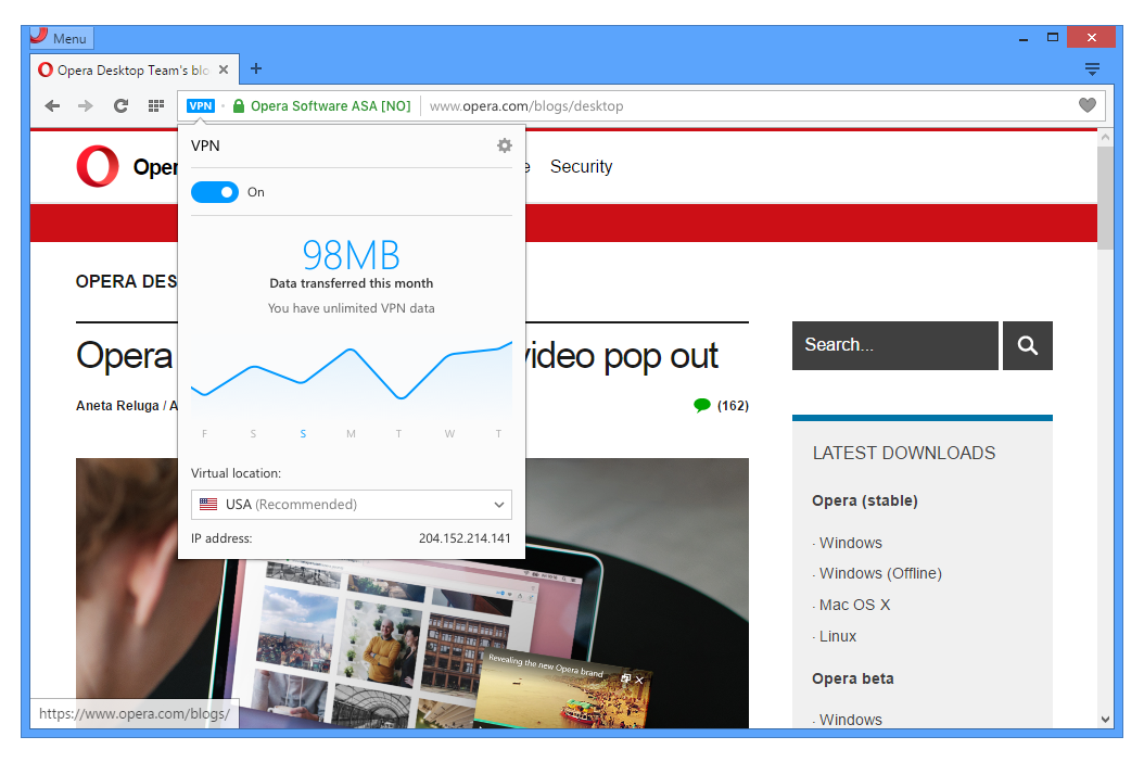 Opera เบต้าล่าสุดสำหรับ Windows มาพร้อมกับคุณสมบัติ VPN ฟรีในตัว