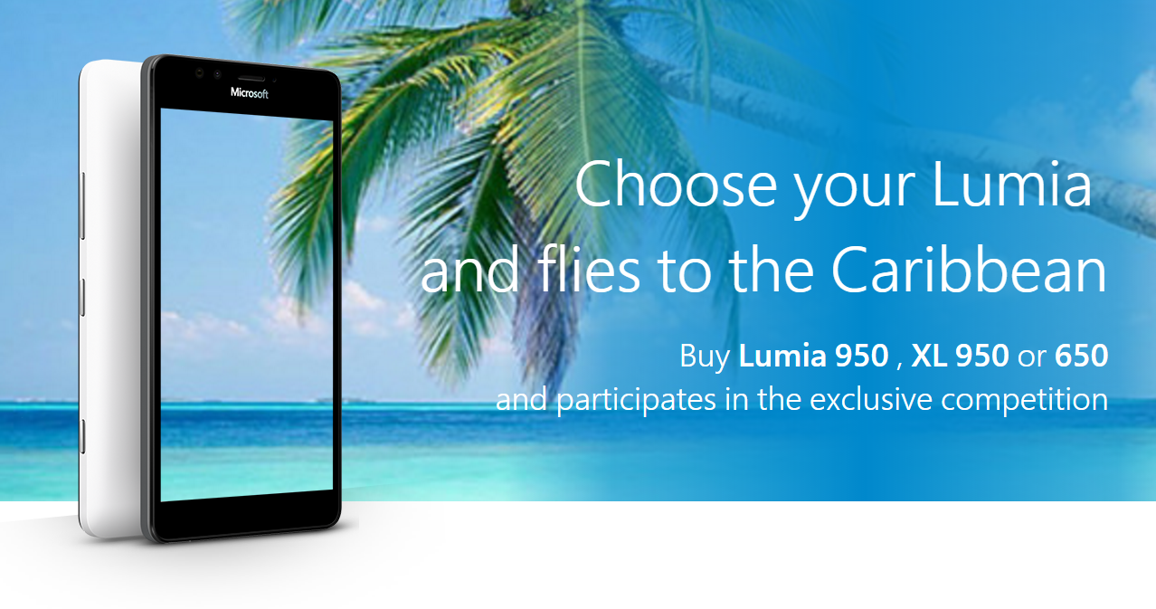 Microsoft Italien tilbyder nu en chance for at vinde en gratis rejse til Caribien, hvis du køber en Lumia 950 XL, 950 eller 650