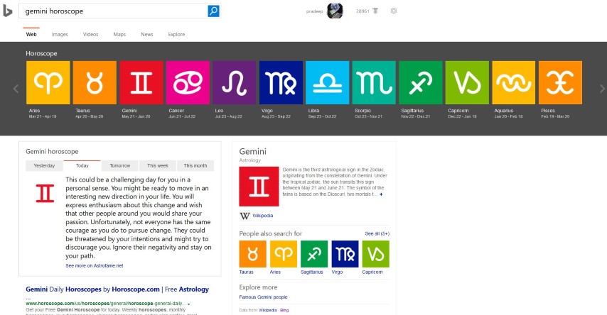 Bing now offers daily, weekly and monthly horoscopes on its search results page