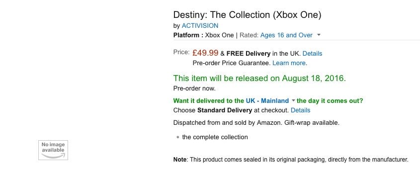 ‘Destiny: The Collection’ listed on Amazon UK for Xbox One and PS4