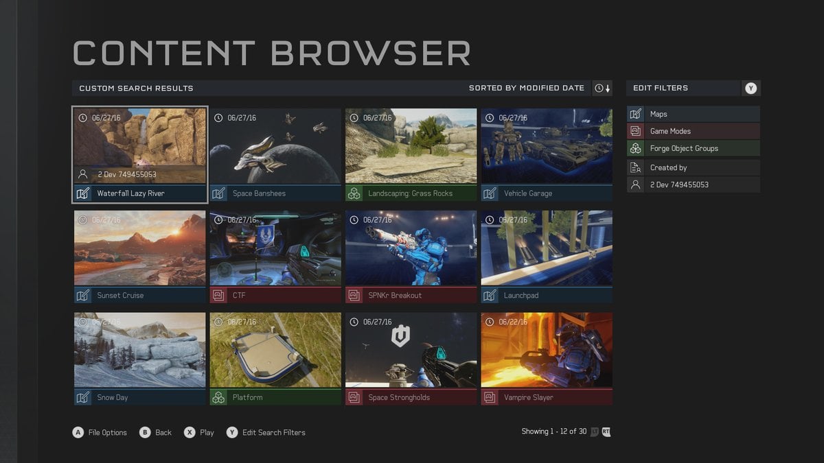 New content browser for the Forge editor in Halo 5: Guardians for Windows 10 and Xbox One