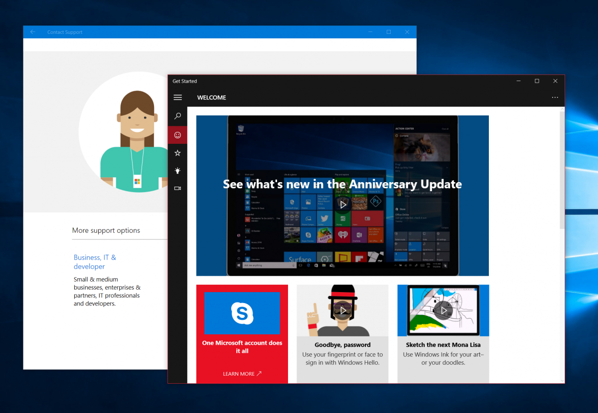 Tip: Microsoft tilbyder Kom godt i gang og Kontakt Support-apps til at hjælpe dig med Windows 10