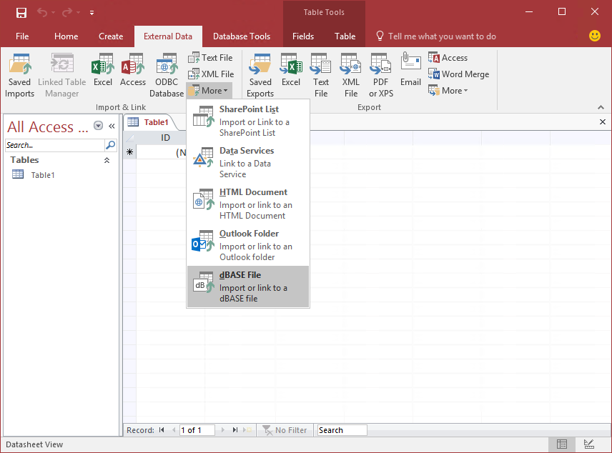 excel showing option not filter Access Microsoft back brings dBASE support file in (.dbf)