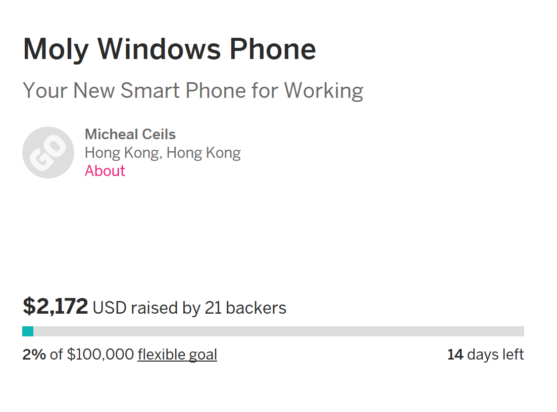 A week in, the Coship Moly x1 Windows Phone has only attracted 11 buyers and 2% of its $100,000 Indiegogo goal