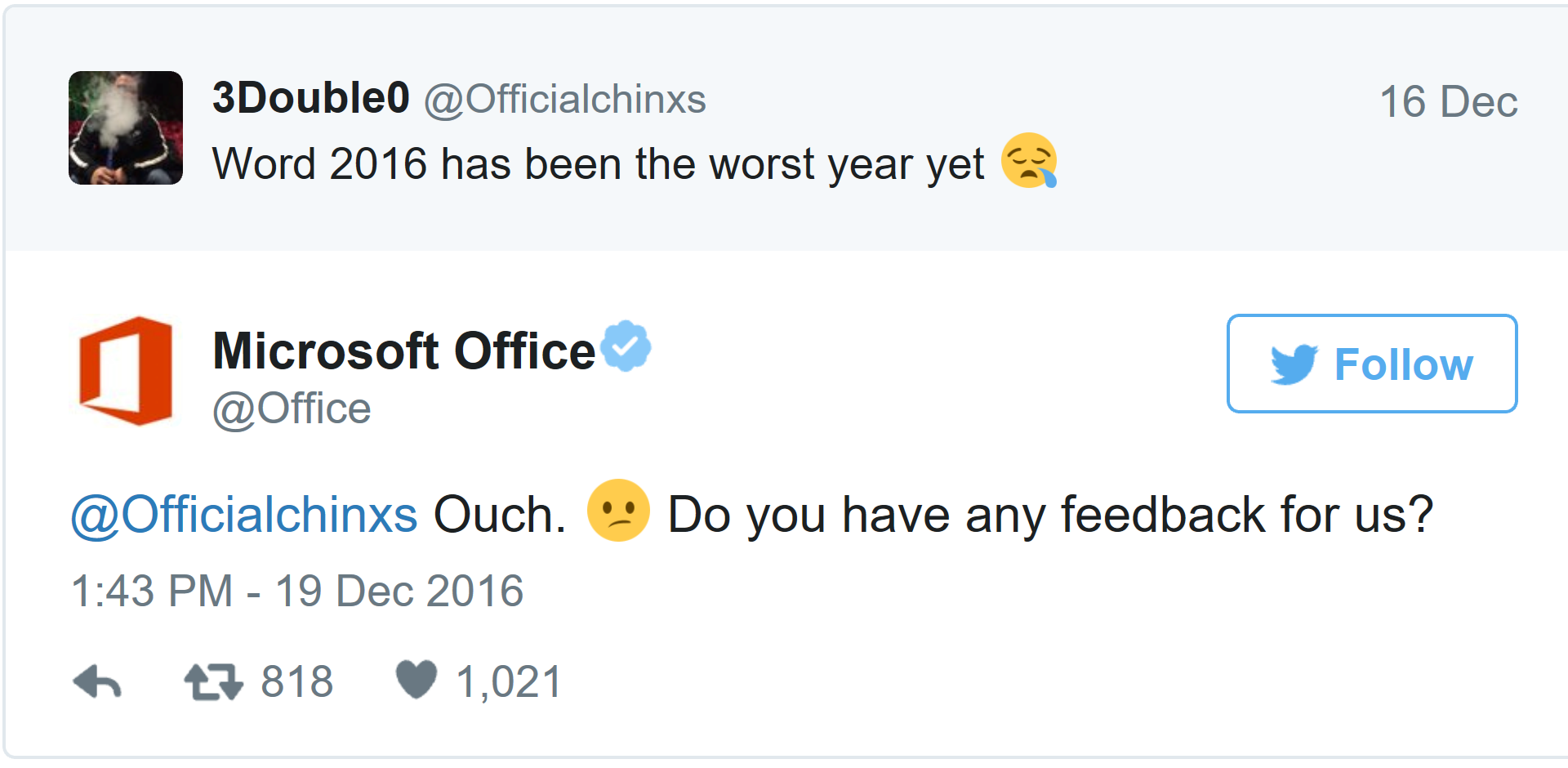 Office '16 blandar ihop Twitter-användarens ogillar för år '2016' med ogillar för 'Word 2016'