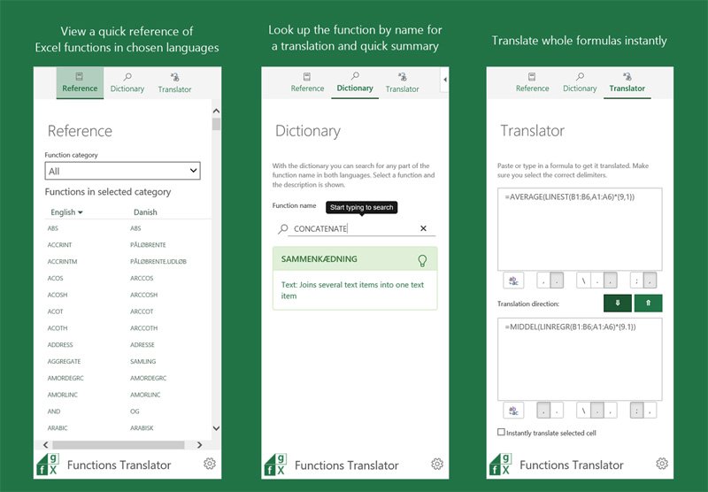 Complementul Functions Translator de la Microsoft Garage vă permite să utilizați funcții și formule localizate în Excel