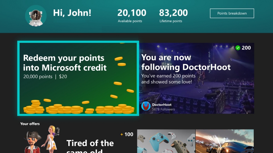 Microsoft Rewards app is now available for everyone on Xbox One