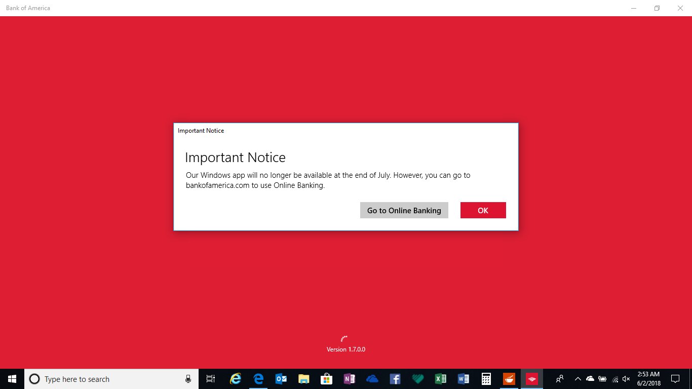Bank of America verwijdert hun Windows 10-app uit de Store