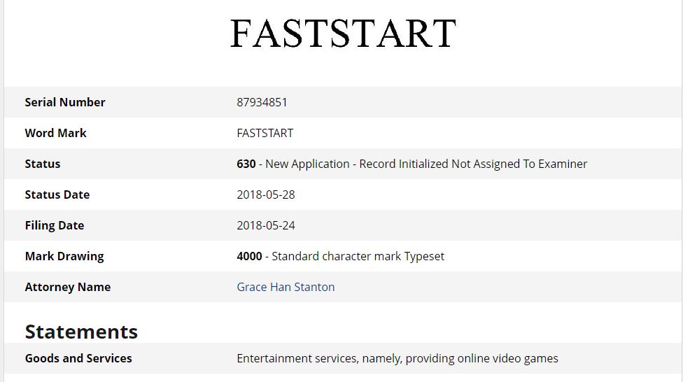 Microsoft trademarks FastStart, relates to “providing online video games”