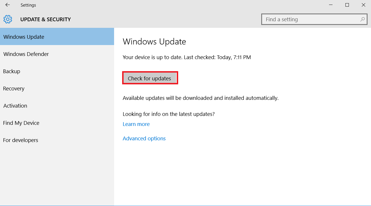 Tip: For your own safety, you should never Check for Updates in Windows 10