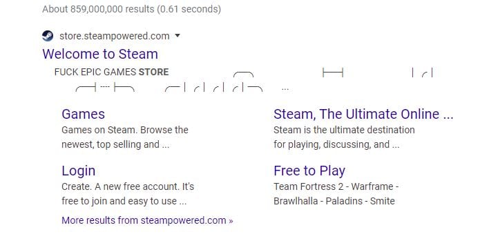 Steam’s Google page tells players to “F*** Epic Games Store”