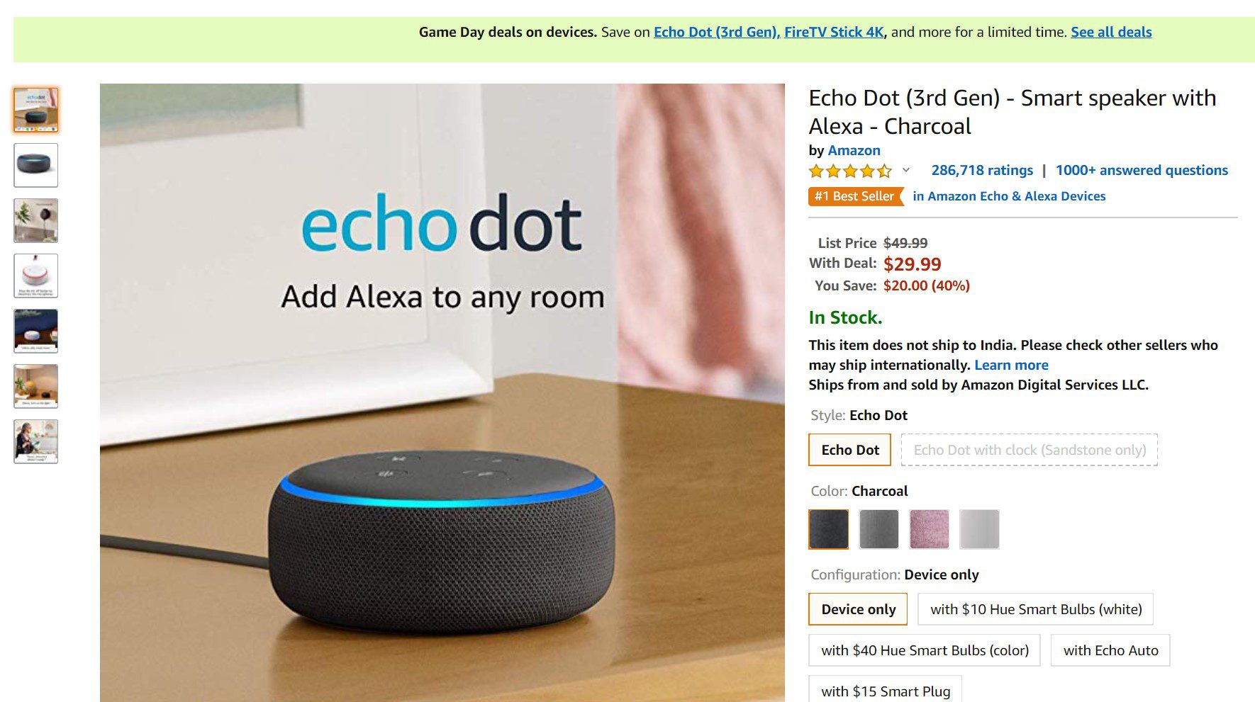 Echo Dot (3rd Gen) - Smart Speaker With Alexa - Charcoal